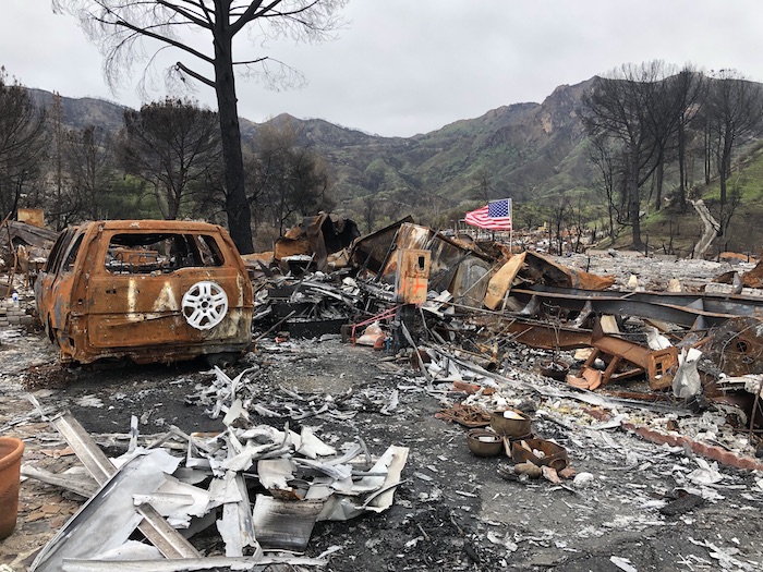 charred wreckage following the Woolsey Fire in LA and Ventura Counties