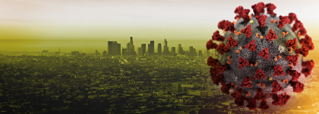 Graphic of COVID-19 cells over Los Angeles